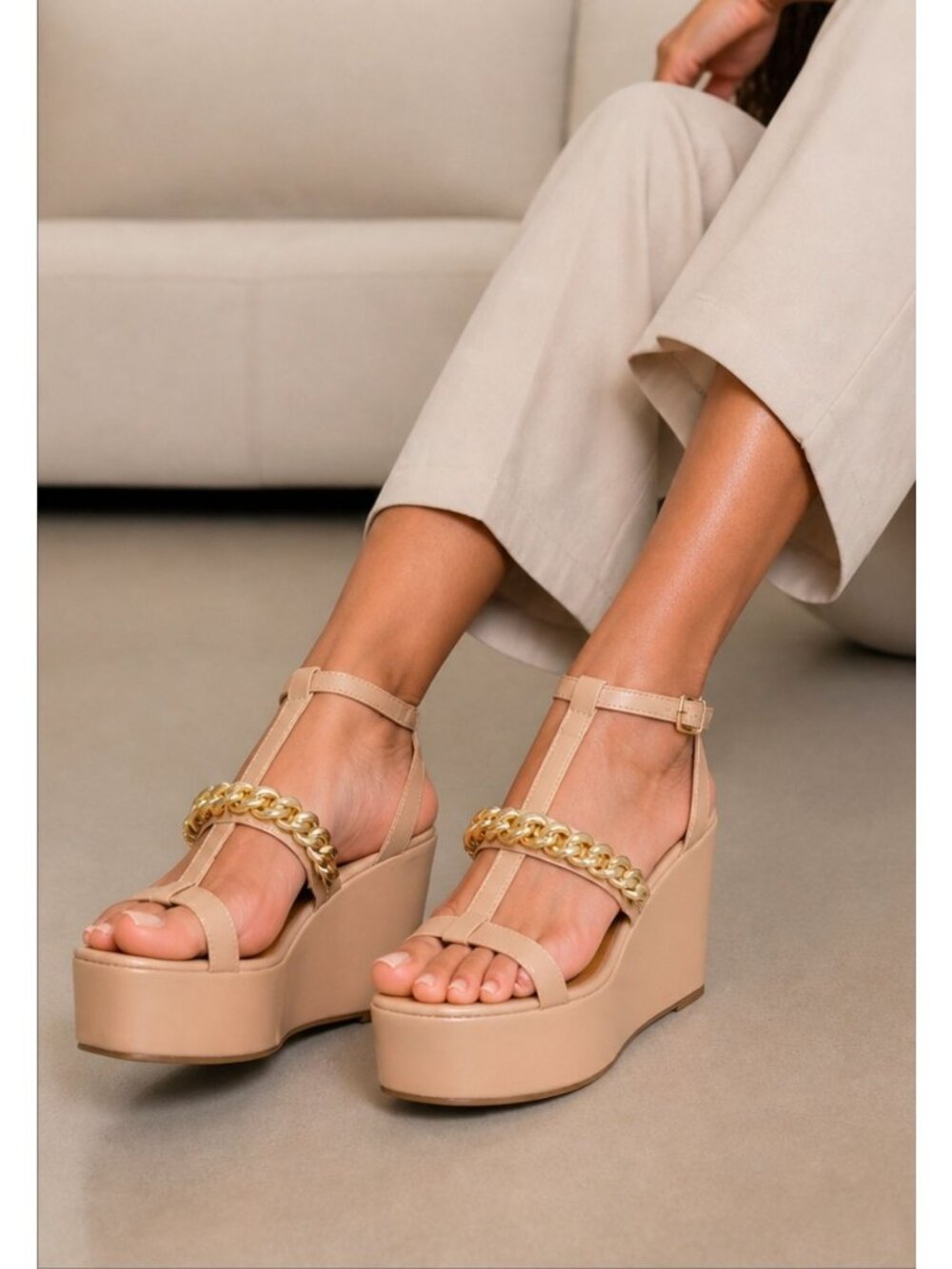 Gold Chain Nude Wedge Sandals With Ankle Strap & Open Toe Design For Women